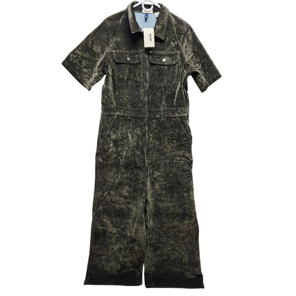 Utility-Style Velvet Jumpsuit Overalls Size 14 Short Sleeve Zipper Front Green - Picture 1 of 8